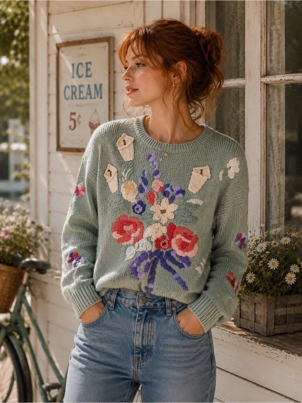 Vintage cottage core Flower Embroidered granny Sweater romantic fall Womens S